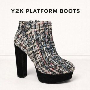 Bamboo Tweed Platform Ankle Boots Chunky Block Heel Y2K 6.5